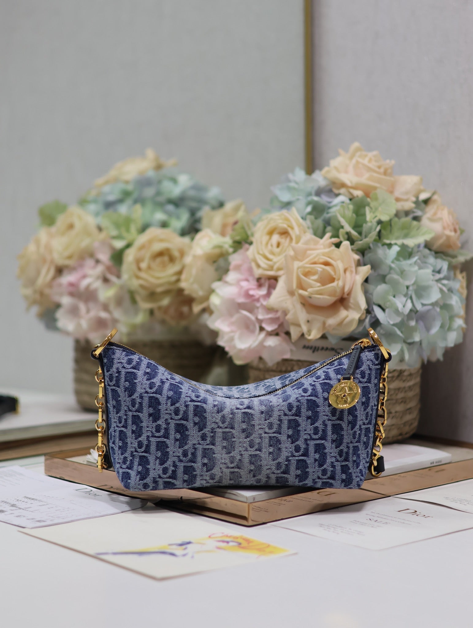 Dior Vintage Blue Monogram Canvas Shoulder Bag with Gold Charms