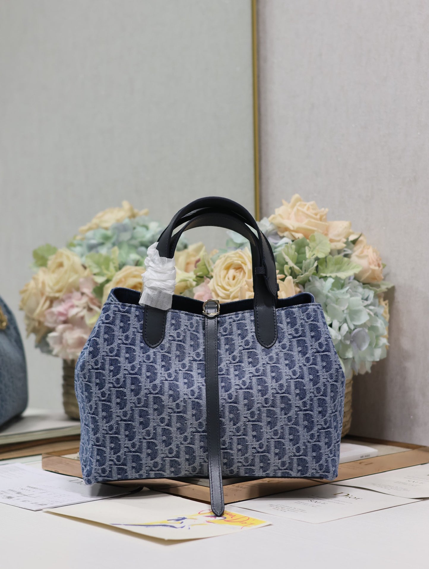 Blue Dior Oblique Style Canvas Handbag with Leather Handles