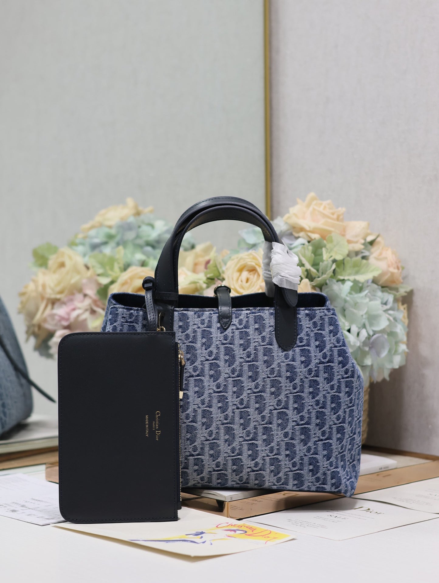 Blue Dior Oblique Style Canvas Handbag with Leather Handles