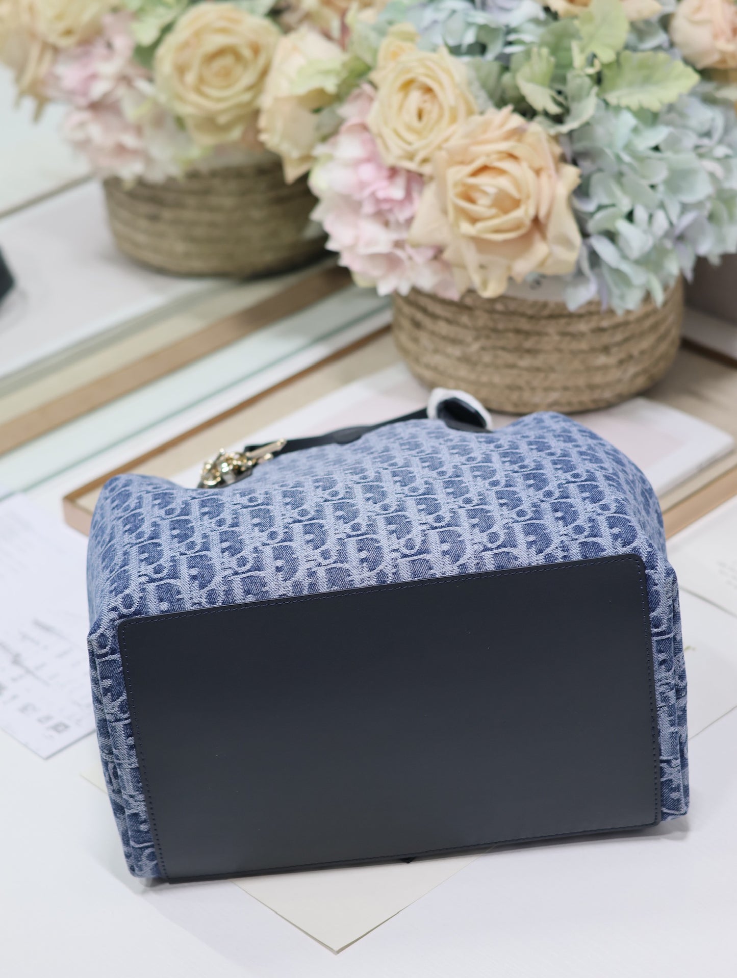 Blue Dior Oblique Style Canvas Handbag with Leather Handles