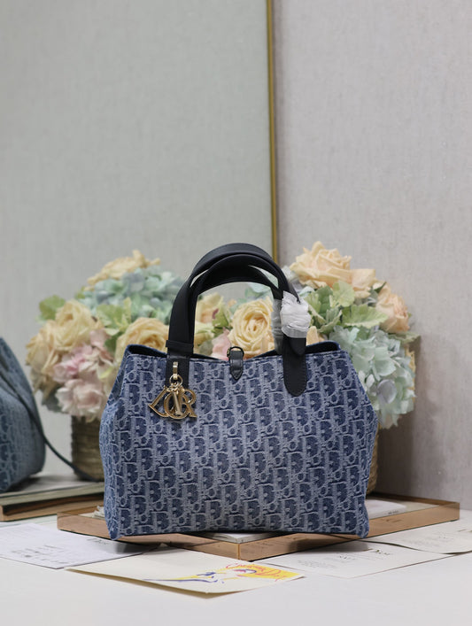 Blue Dior Oblique Style Canvas Handbag with Leather Handles