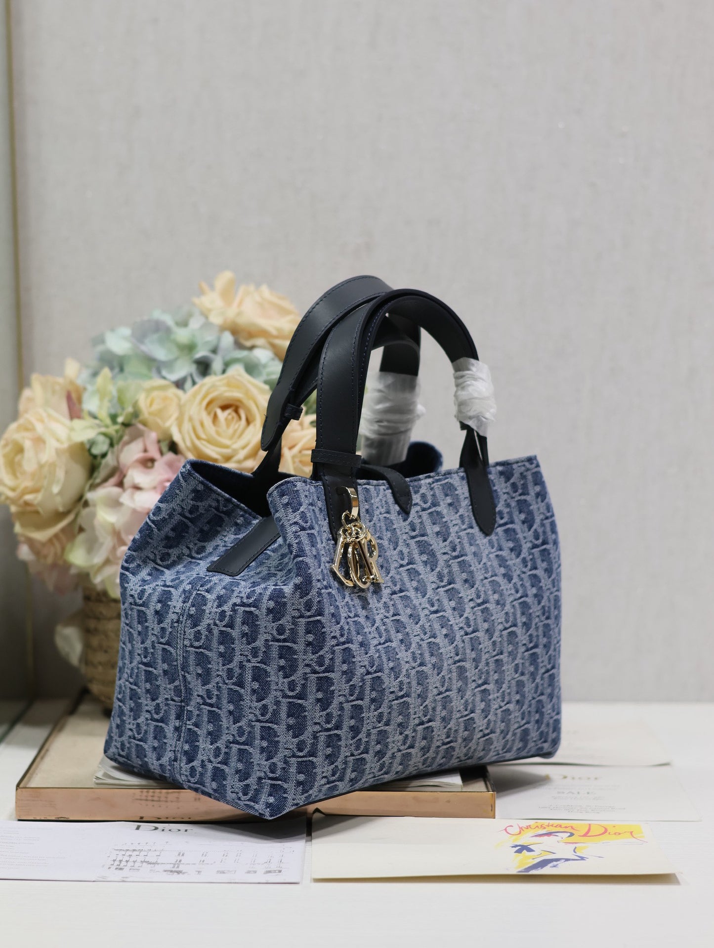 Blue Dior Oblique Style Canvas Handbag with Leather Handles