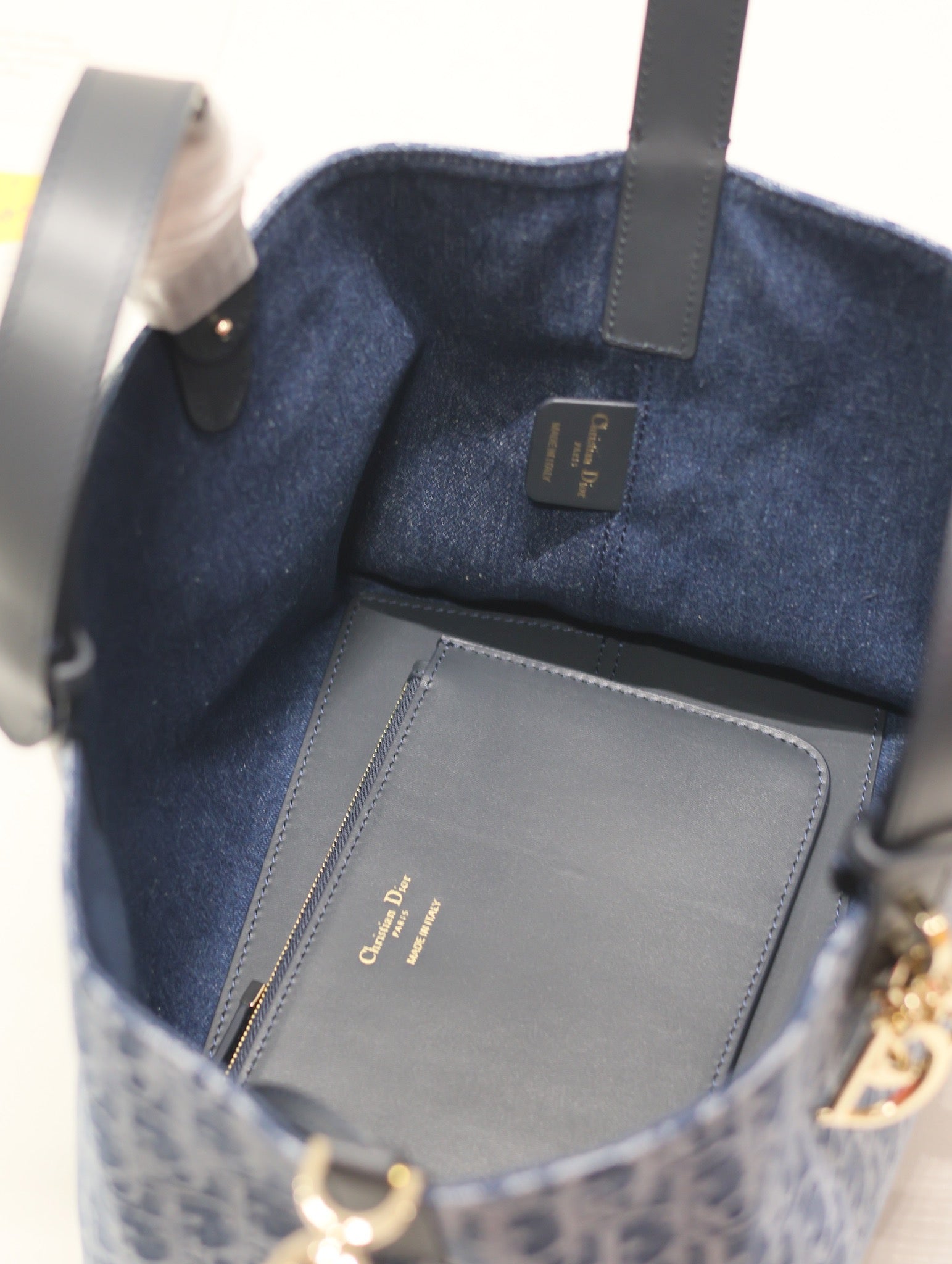 Blue Dior Oblique Style Canvas Handbag with Leather Handles