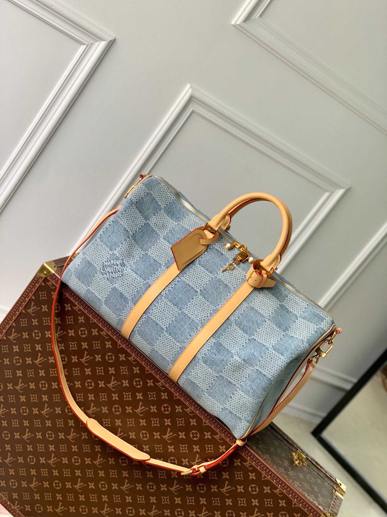 Louis Vuitton Keepall Bandoulière 50 Damier Denim Blue Duffle Bag