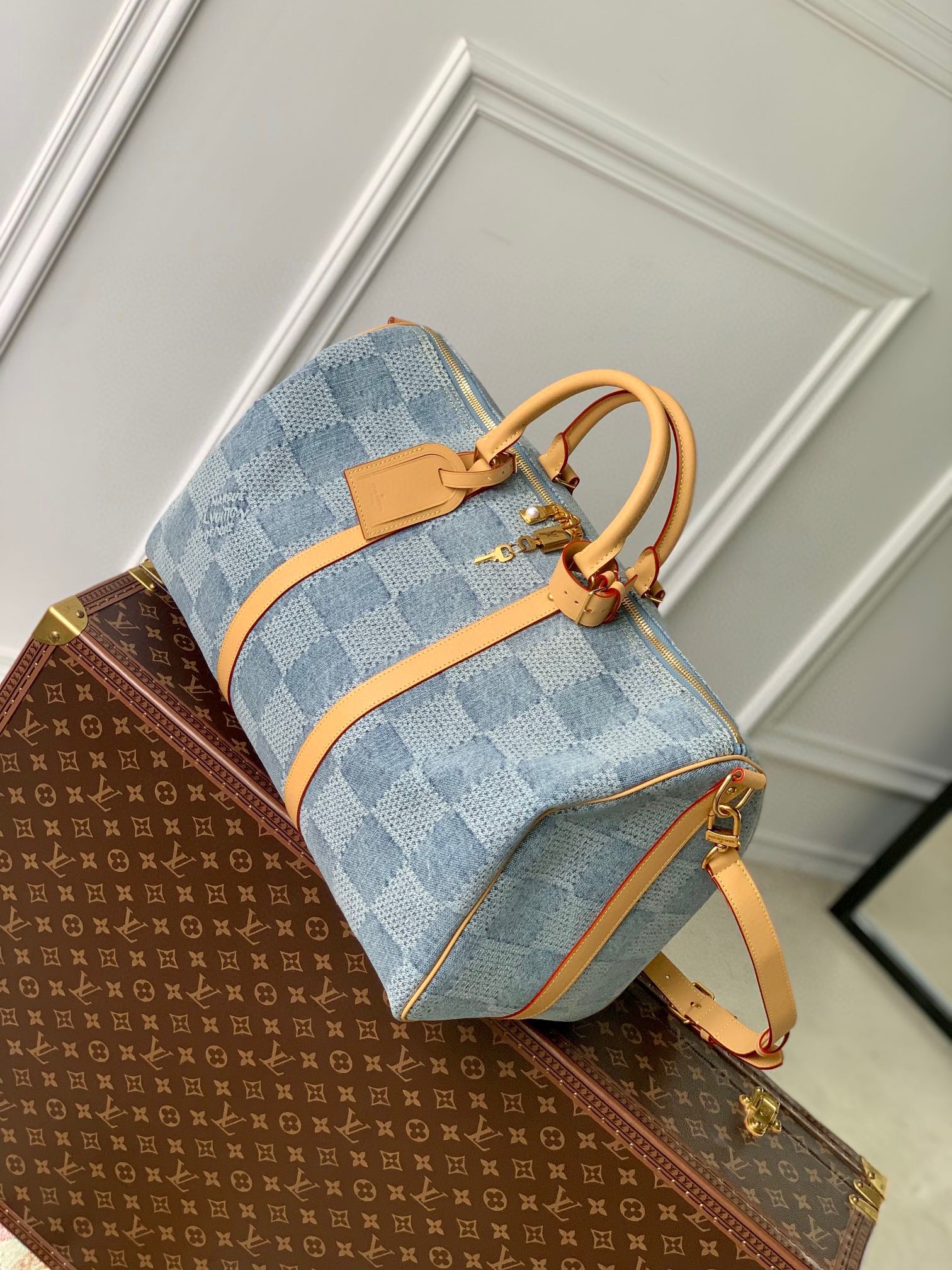 Louis Vuitton Keepall Bandoulière 50 Damier Denim Blue Duffle Bag