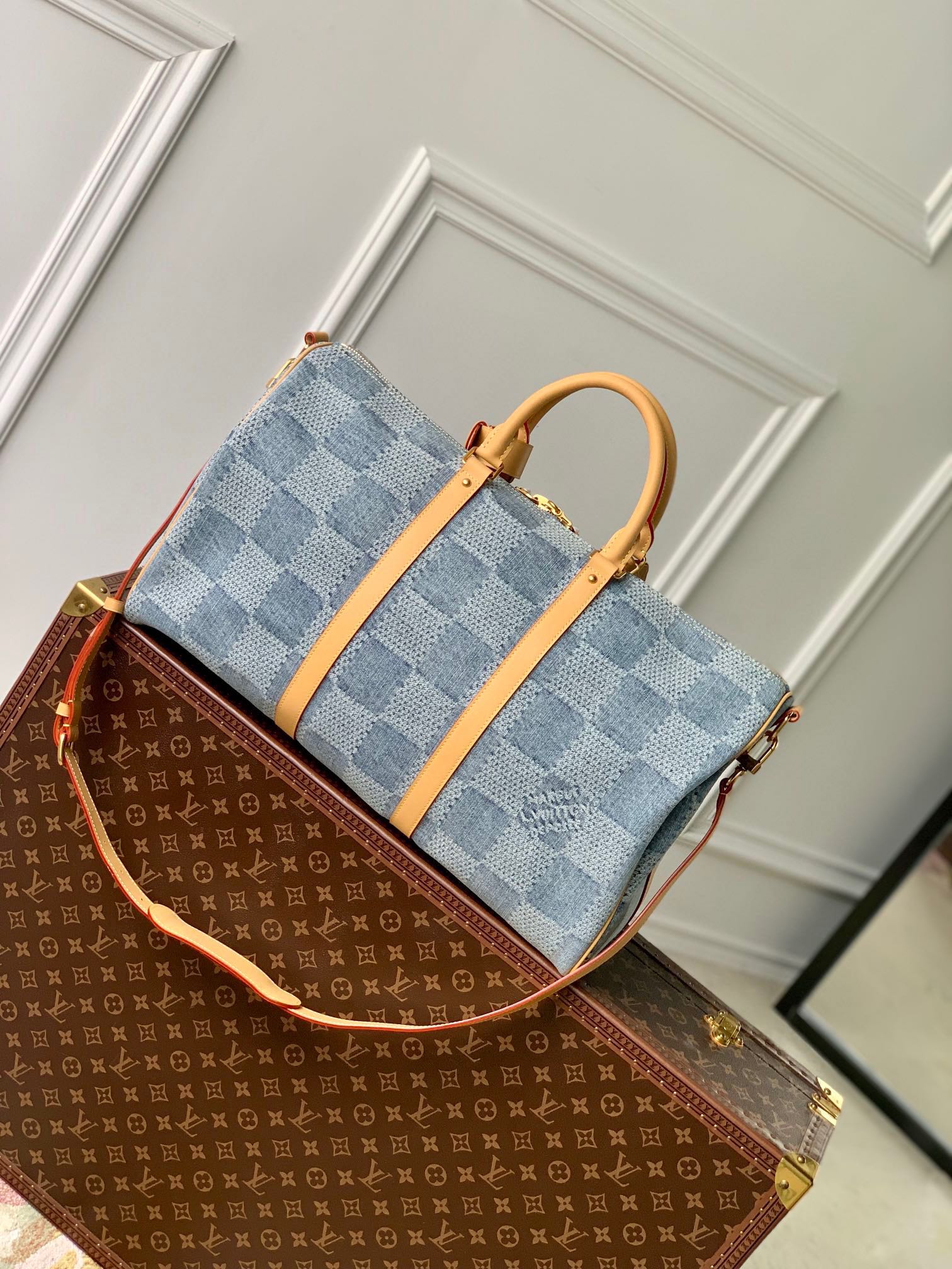 Louis Vuitton Keepall Bandoulière 50 Damier Denim Blue Duffle Bag