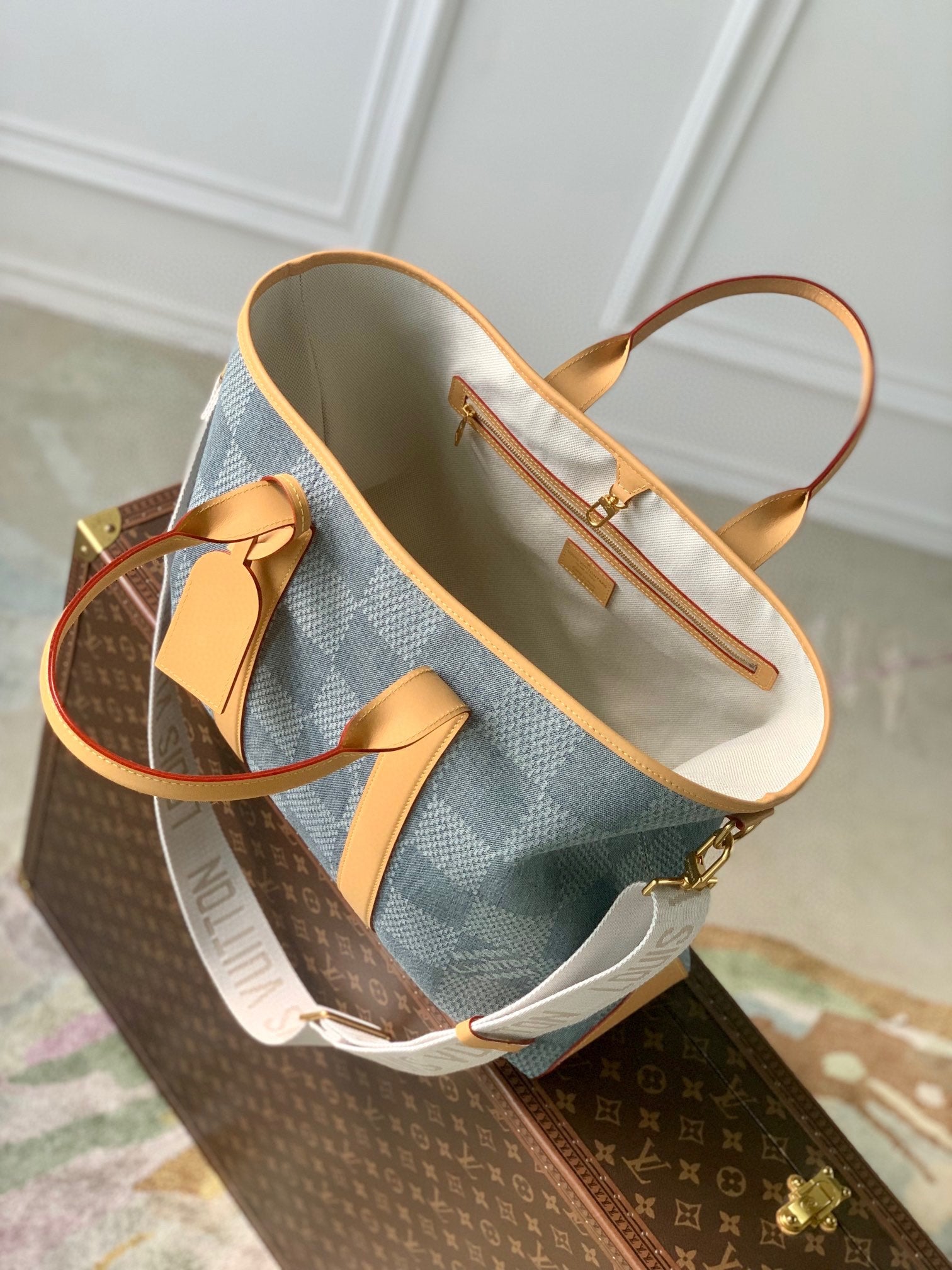 Louis Vuitton Onthego PM Damier Denim Tote Bag - Blue and White