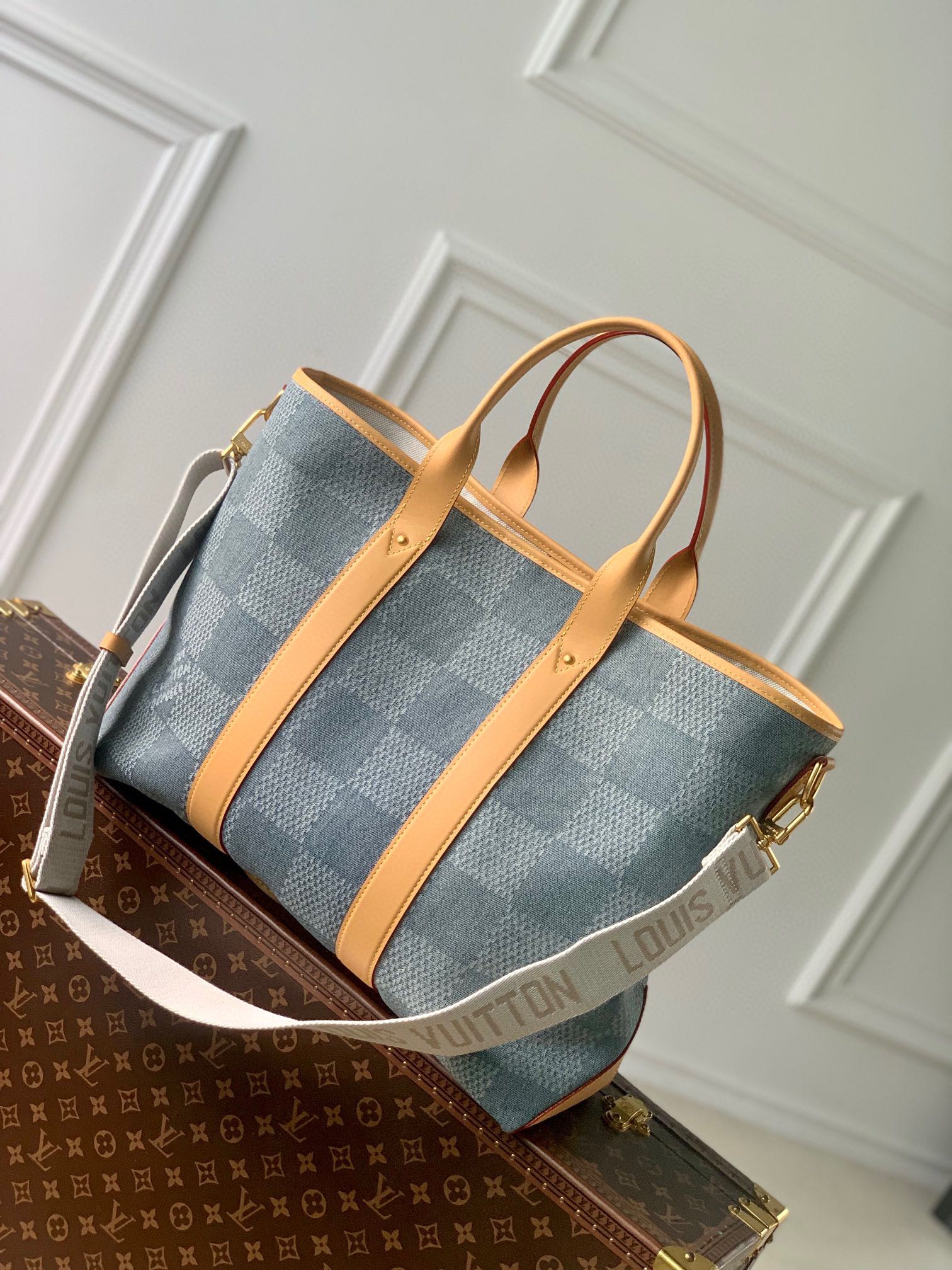 Louis Vuitton Onthego PM Damier Denim Tote Bag - Blue and White