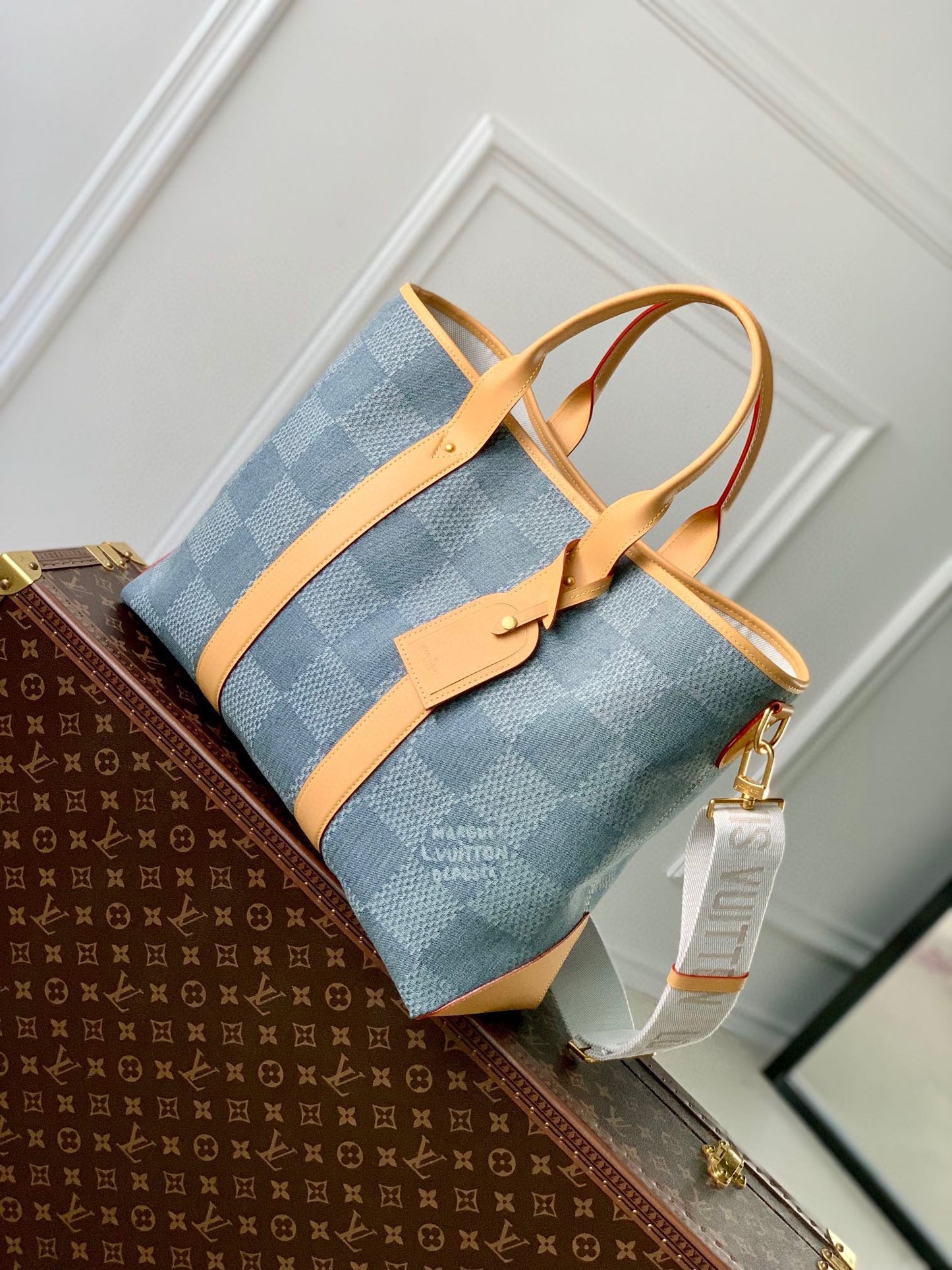 Louis Vuitton Onthego PM Damier Denim Tote Bag - Blue and White