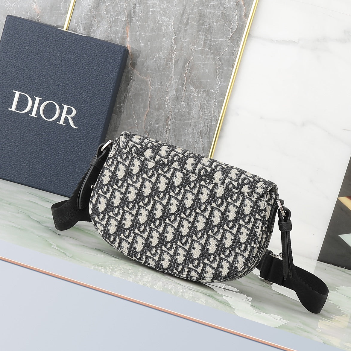 Dior Gallop Mini Messenger Bag - Blue Dior Oblique Jacquard and Black Grained Calfskin
