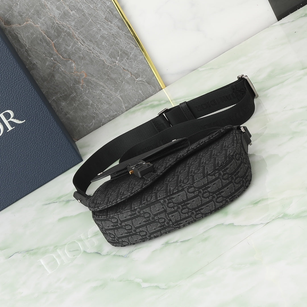 Dior Men's Saddle Bag - Black Oblique Canvas and Grained Leather Messenger Bag