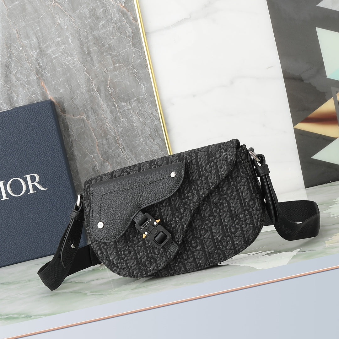 Dior Men's Saddle Bag - Black Oblique Canvas and Grained Leather Messenger Bag
