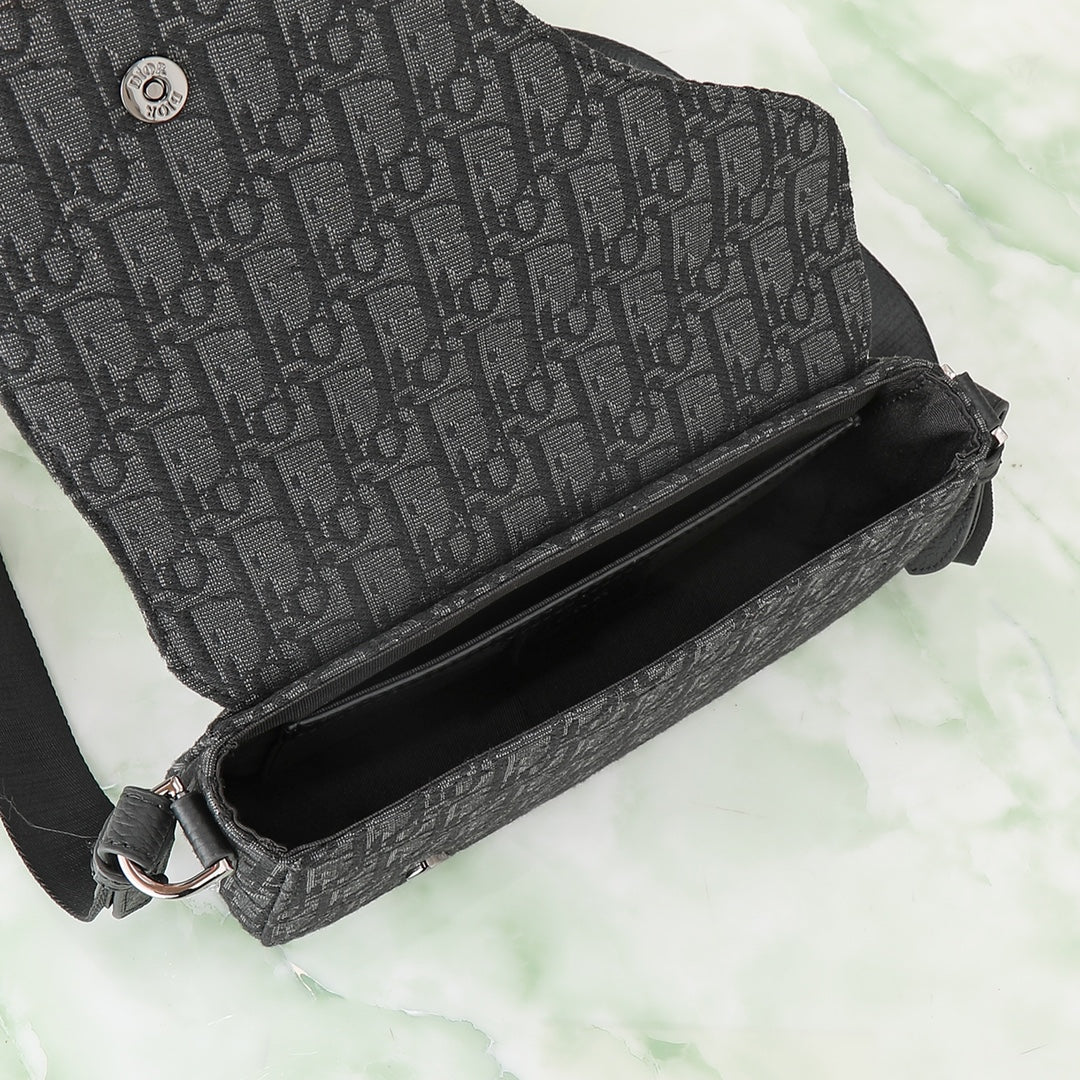 Dior Men's Saddle Bag - Black Oblique Canvas and Grained Leather Messenger Bag