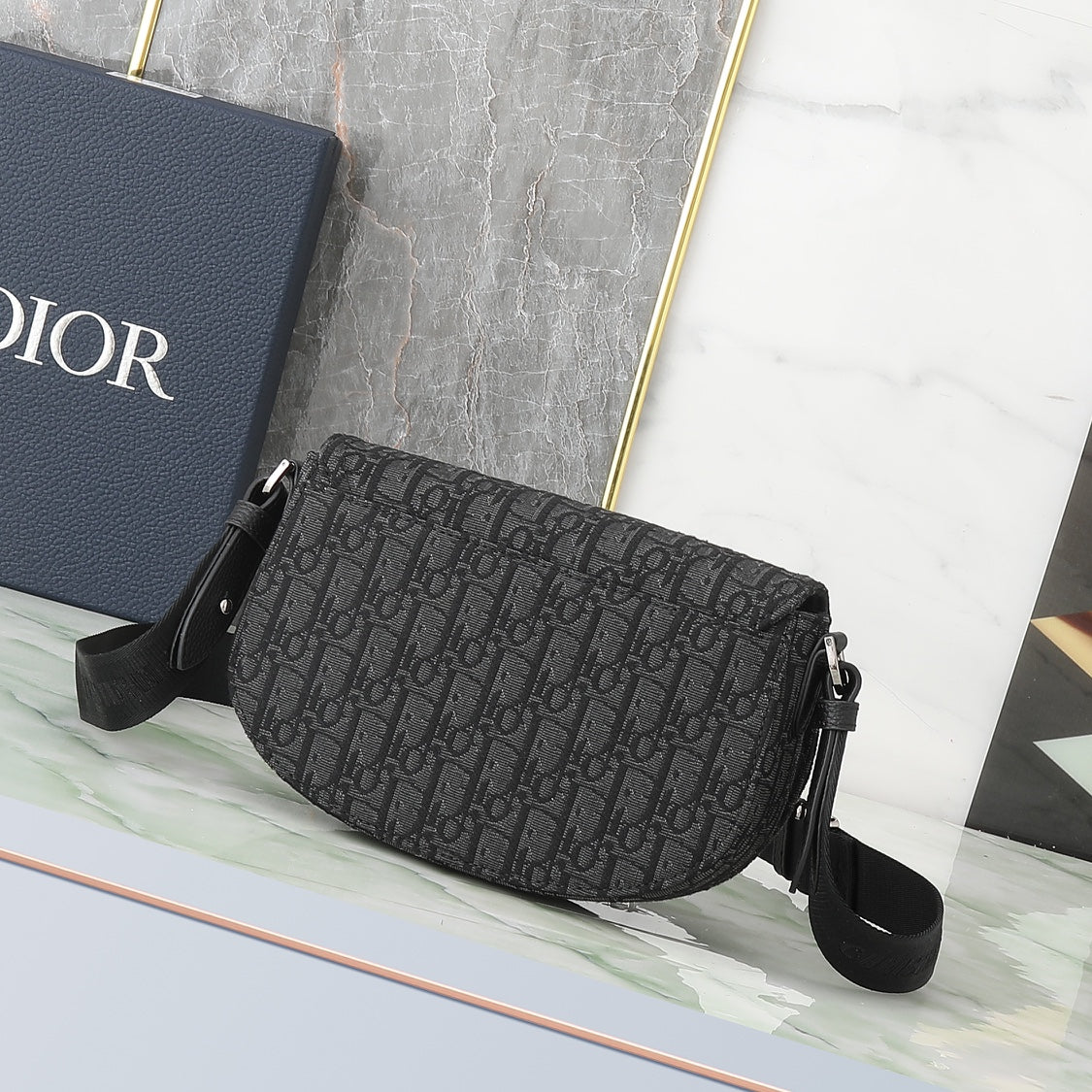 Dior Men's Saddle Bag - Black Oblique Canvas and Grained Leather Messenger Bag