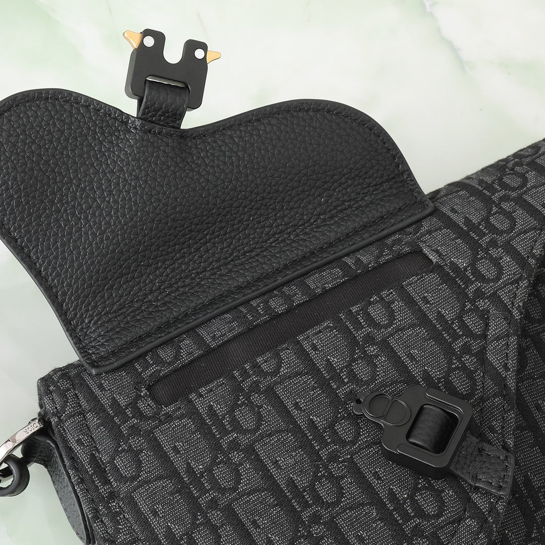 Dior Men's Saddle Bag - Black Oblique Canvas and Grained Leather Messenger Bag