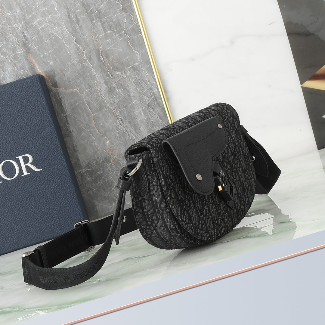 Dior Men's Saddle Bag - Black Oblique Canvas and Grained Leather Messenger Bag