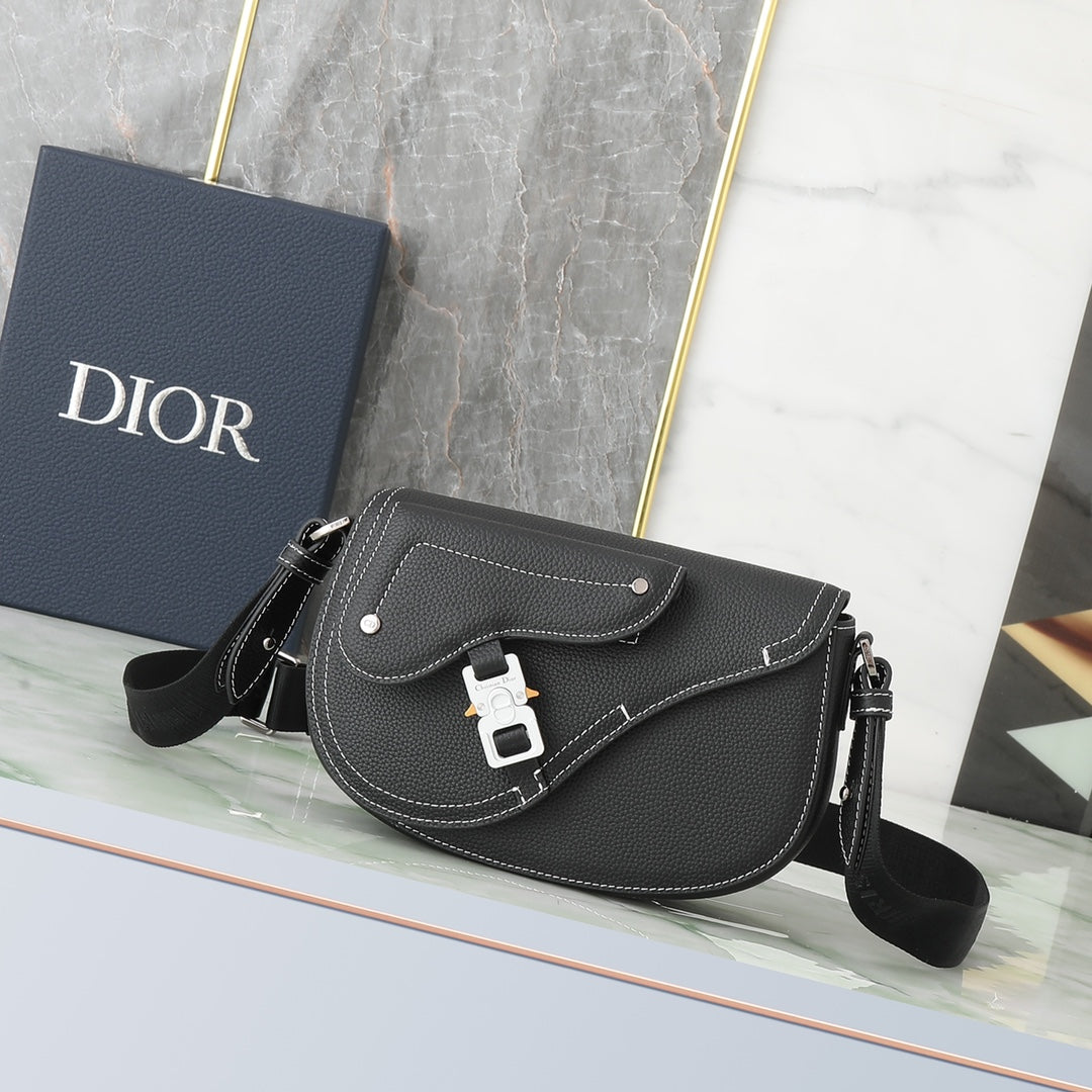 Dior Men's Saddle Bag - Black Grained Calfskin with Contrast Stitching