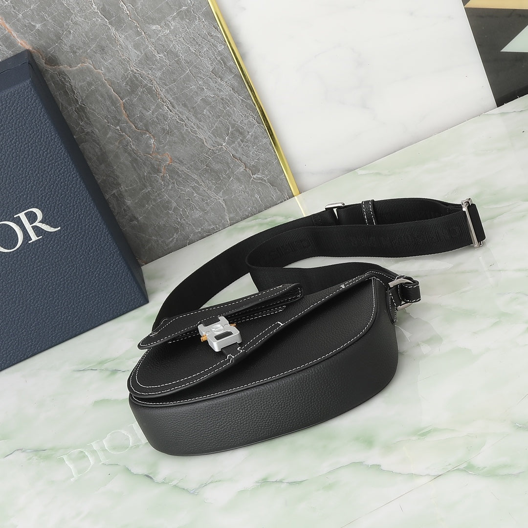 Dior Men's Saddle Bag - Black Grained Calfskin with Contrast Stitching