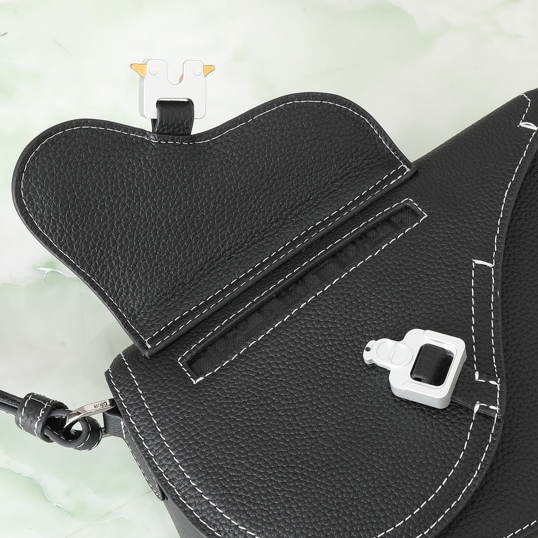 Dior Men's Saddle Bag - Black Grained Calfskin with Contrast Stitching
