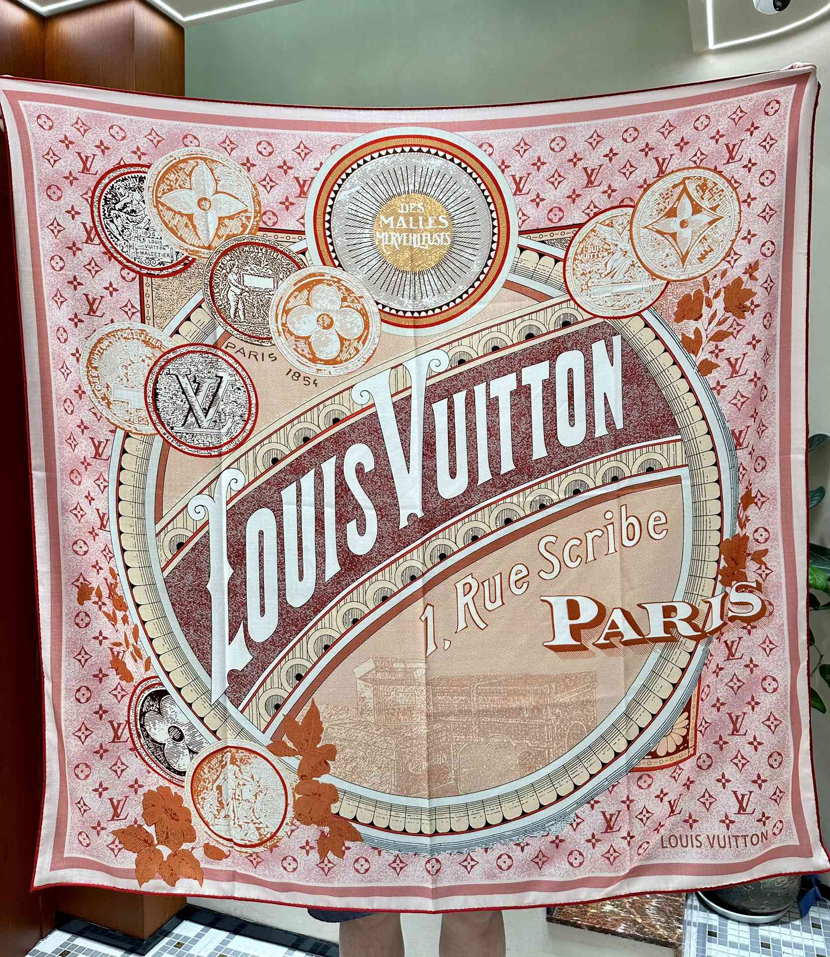 Louis Vuitton Rue Scribe Paris Silk Square Scarf - Pink Monogram Vintage Poster Design Women's Luxury Accessory