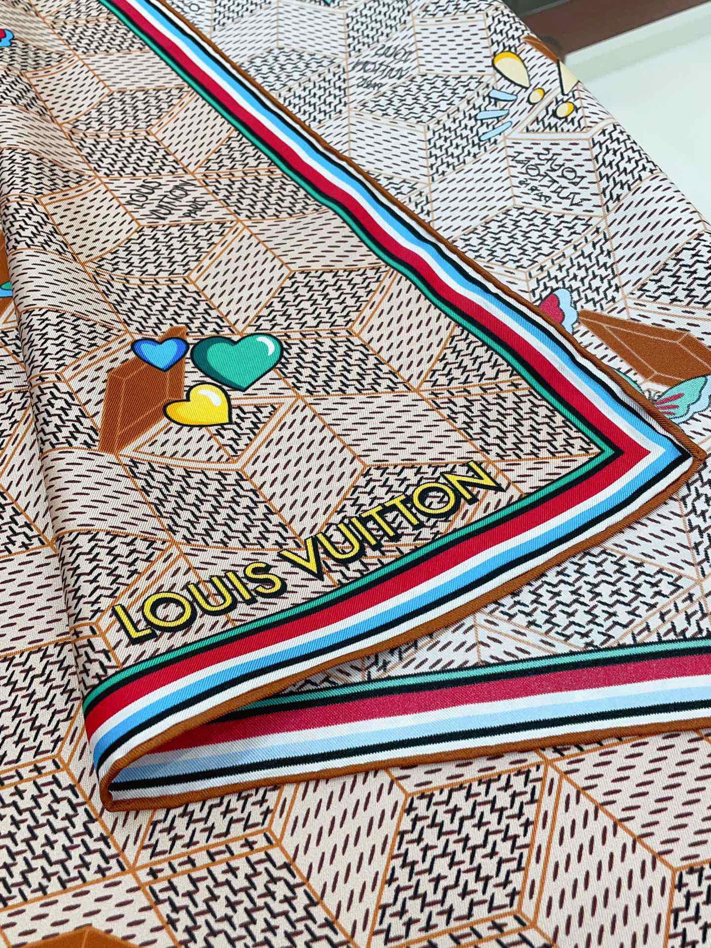 Luxury Women's Silk Square Scarf - Geometric Monogram Print with Colorful Heart Embroidery and Striped Border - Beige &amp; Brown