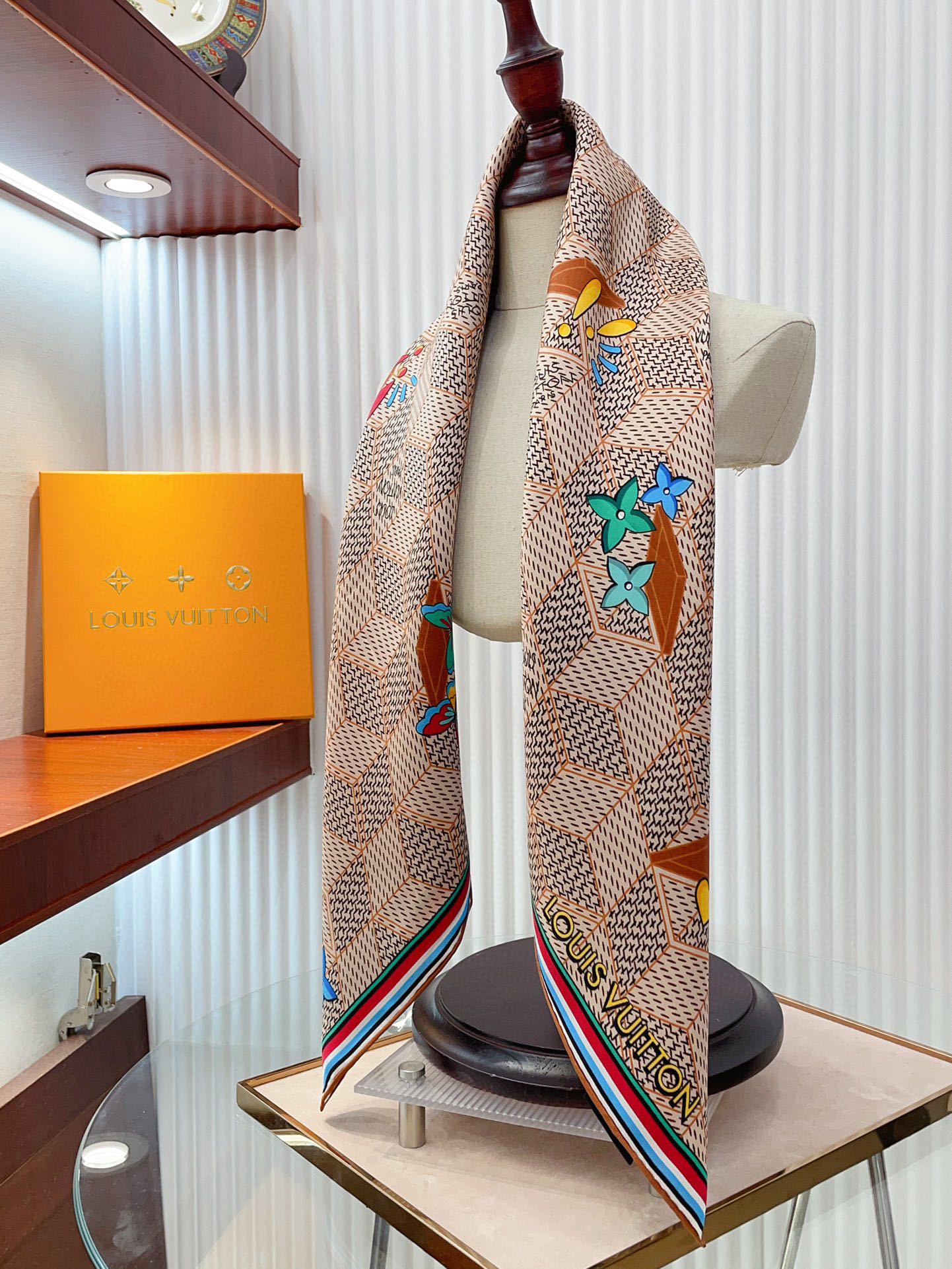 Luxury Women's Silk Square Scarf - Geometric Monogram Print with Colorful Heart Embroidery and Striped Border - Beige &amp; Brown