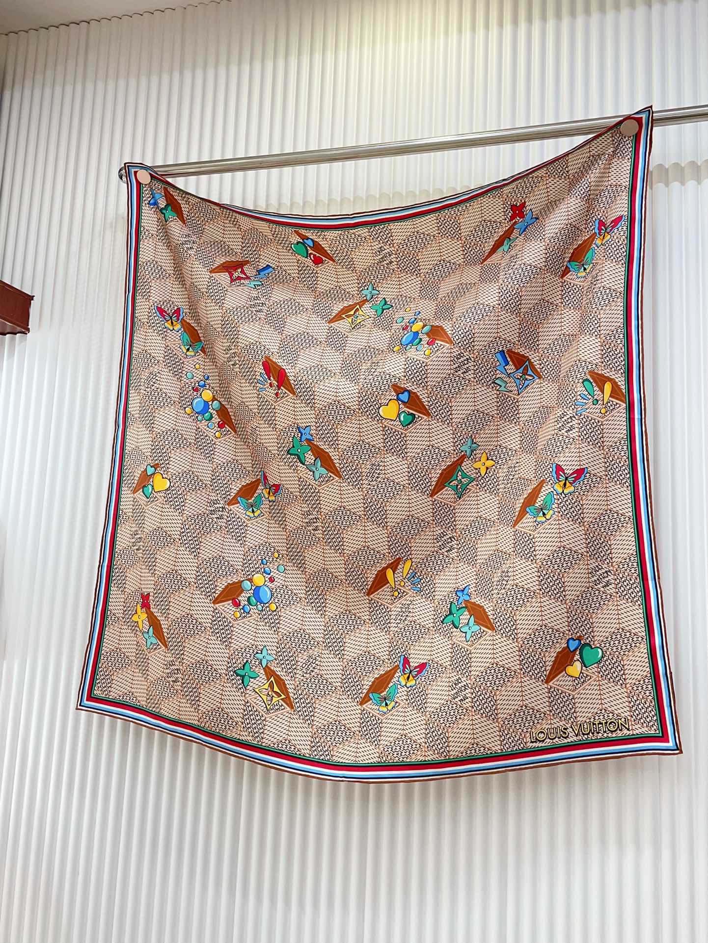 Luxury Women's Silk Square Scarf - Geometric Monogram Print with Colorful Heart Embroidery and Striped Border - Beige &amp; Brown