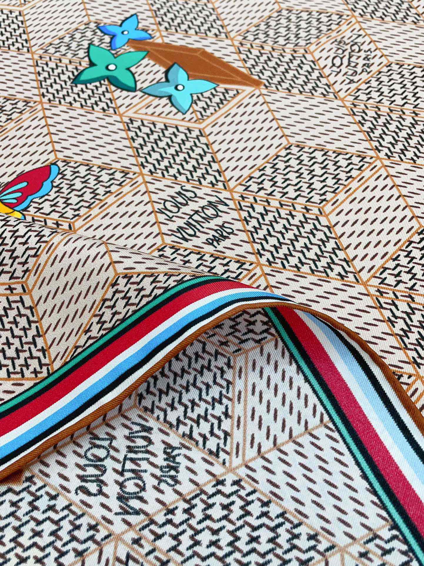 Luxury Women's Silk Square Scarf - Geometric Monogram Print with Colorful Heart Embroidery and Striped Border - Beige &amp; Brown