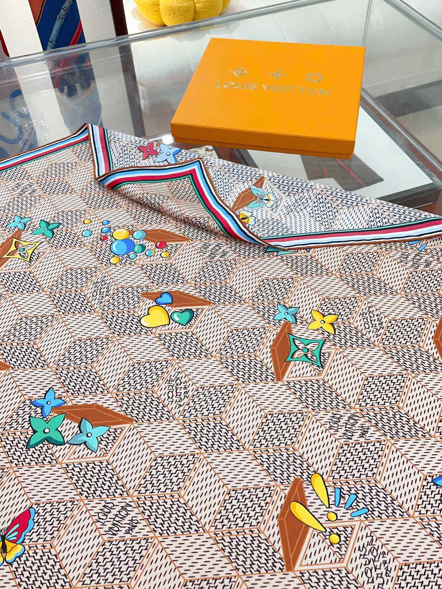 Luxury Women's Silk Square Scarf - Geometric Monogram Print with Colorful Heart Embroidery and Striped Border - Beige &amp; Brown