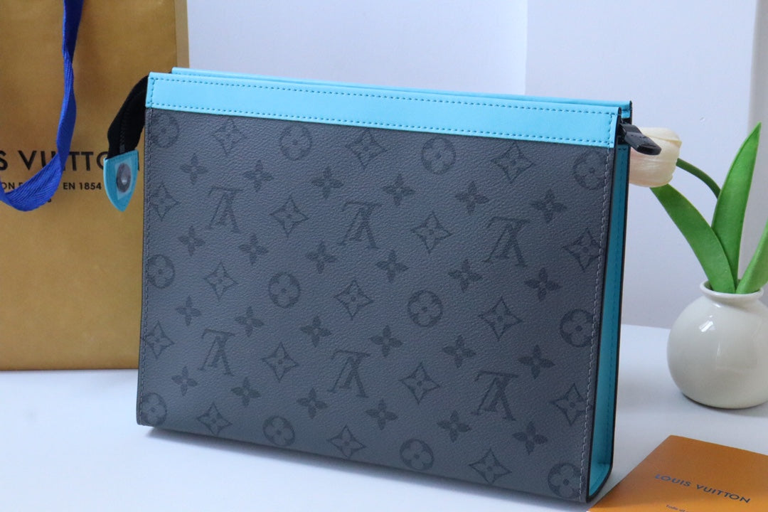 Designer Monogram Eclipse Pouch - Luxury Men's Zippered Clutch Bag with Blue Trim