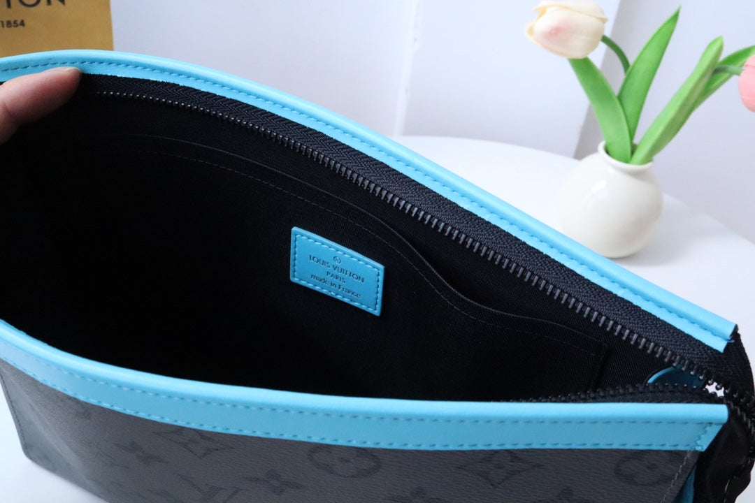 Designer Monogram Eclipse Pouch - Luxury Men's Zippered Clutch Bag with Blue Trim