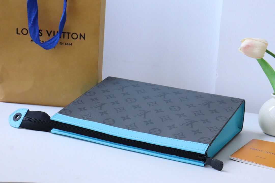 Designer Monogram Eclipse Pouch - Luxury Men's Zippered Clutch Bag with Blue Trim