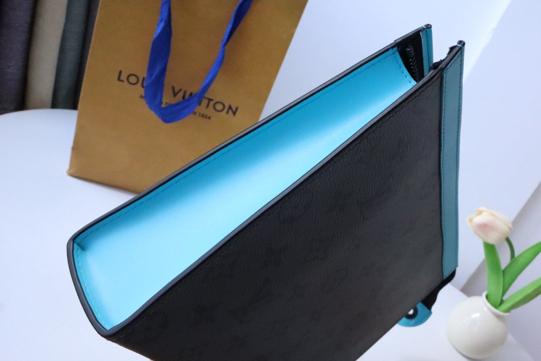 Designer Monogram Eclipse Pouch - Luxury Men's Zippered Clutch Bag with Blue Trim