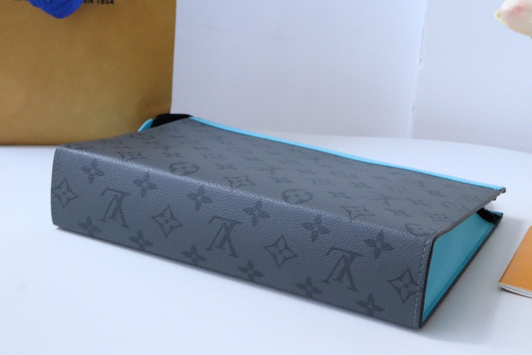 Designer Monogram Eclipse Pouch - Luxury Men's Zippered Clutch Bag with Blue Trim