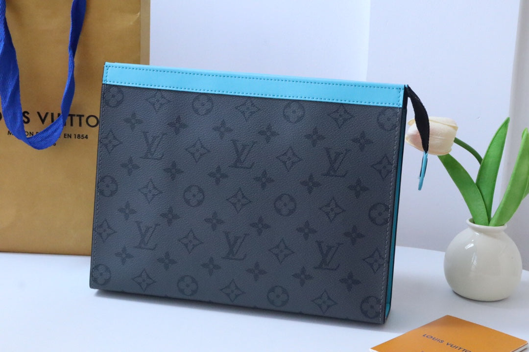 Designer Monogram Eclipse Pouch - Luxury Men's Zippered Clutch Bag with Blue Trim