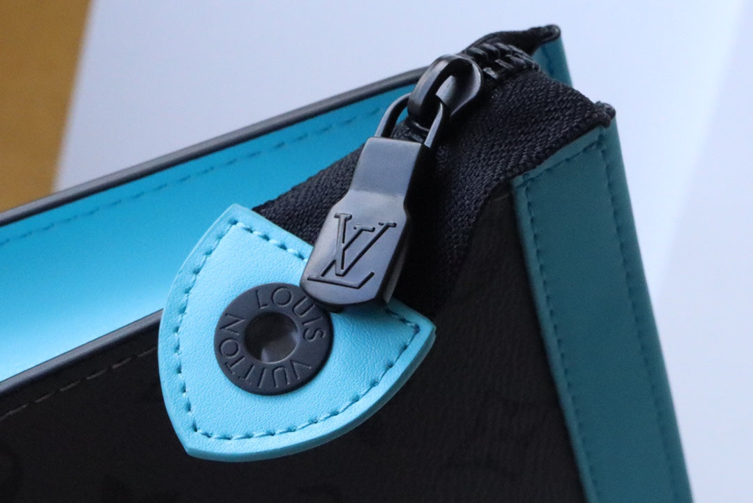 Designer Monogram Eclipse Pouch - Luxury Men's Zippered Clutch Bag with Blue Trim
