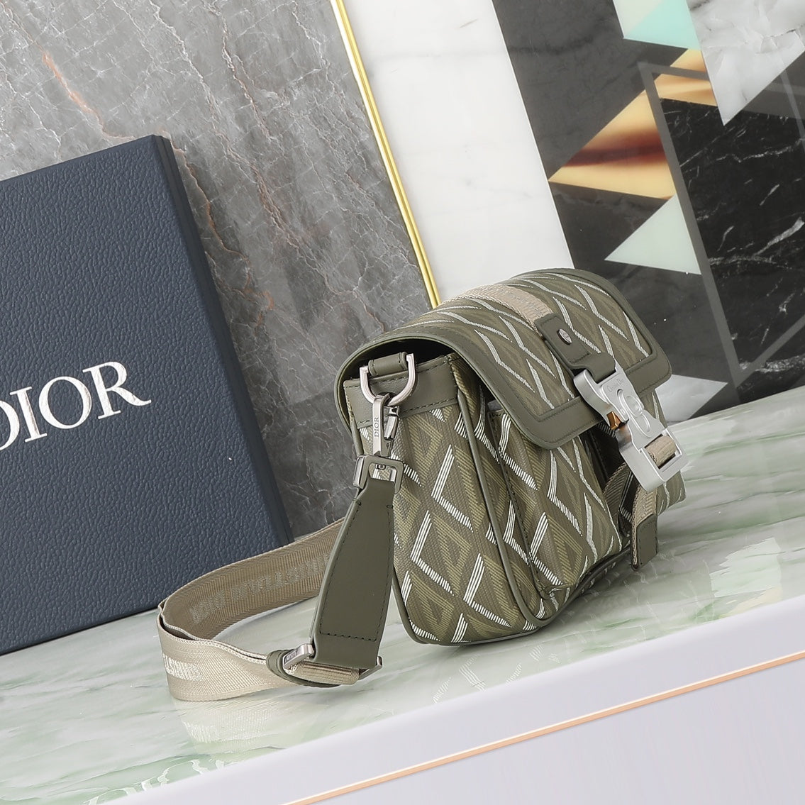 Dior Olive Green Geometric Pattern Crossbody Bag with Utility Buckle
