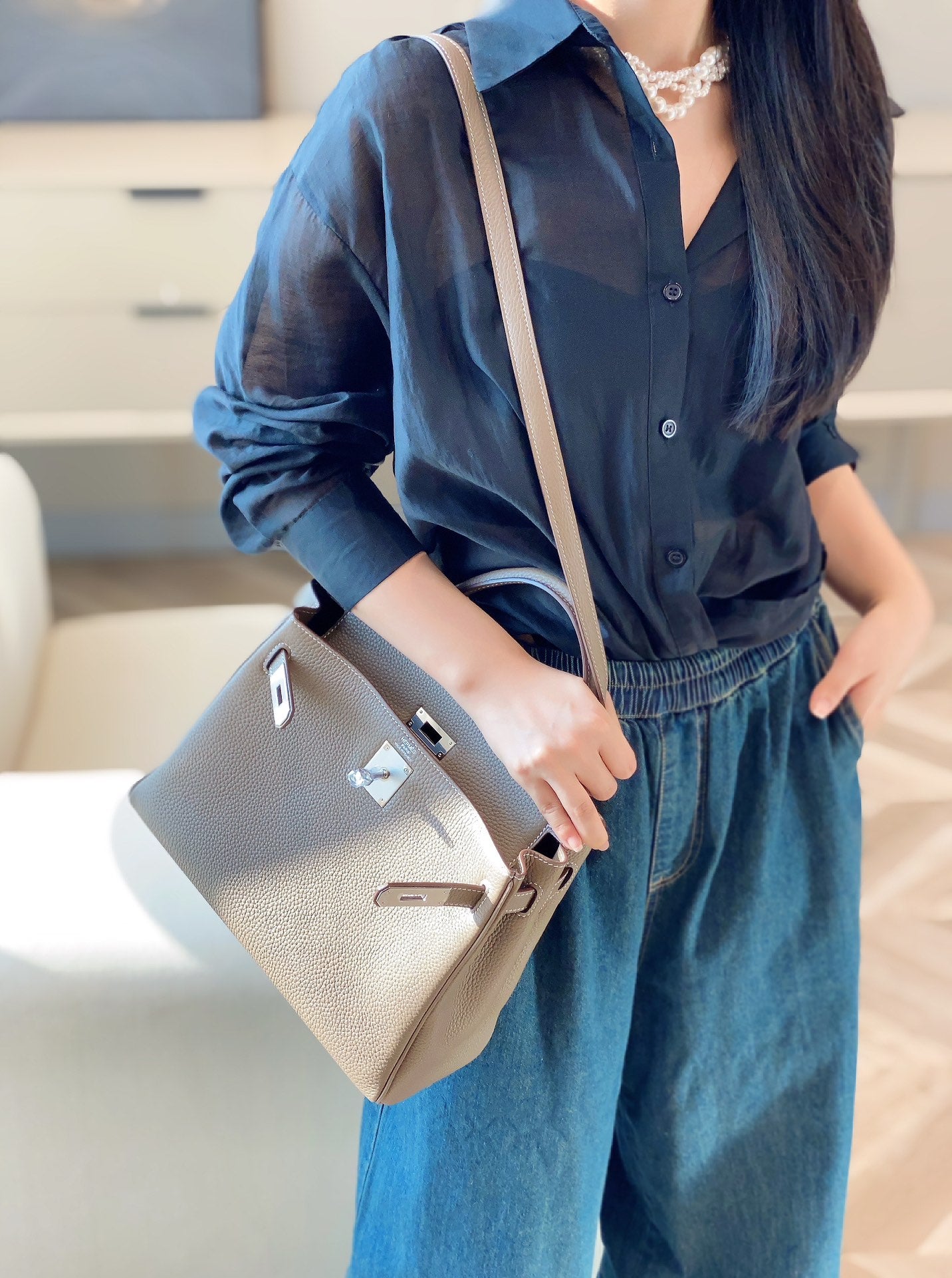 Women's Elegant Grey Leather Shoulder Bag - Kelly Style Satchel Backpack