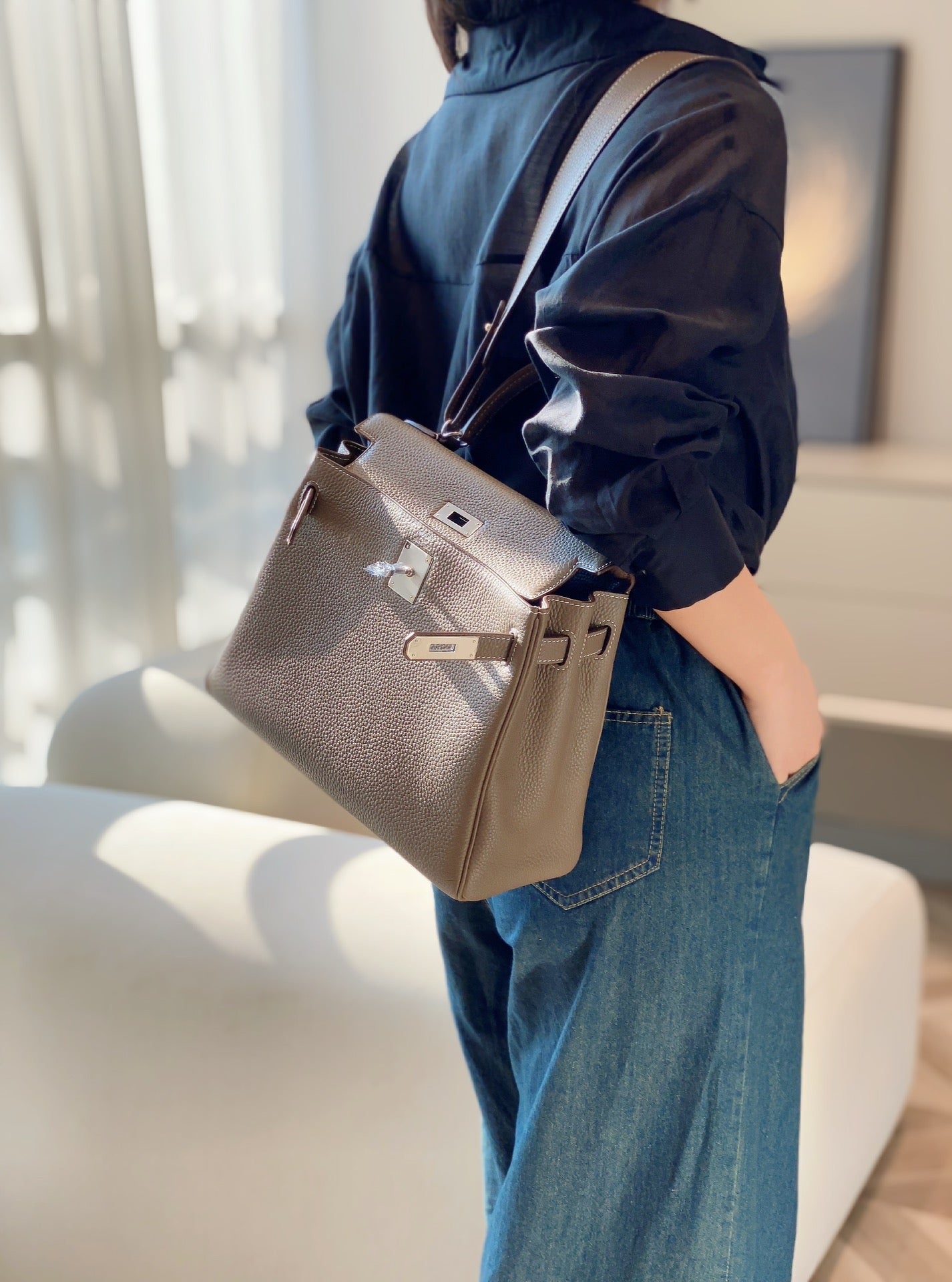 Women's Elegant Grey Leather Shoulder Bag - Kelly Style Satchel Backpack