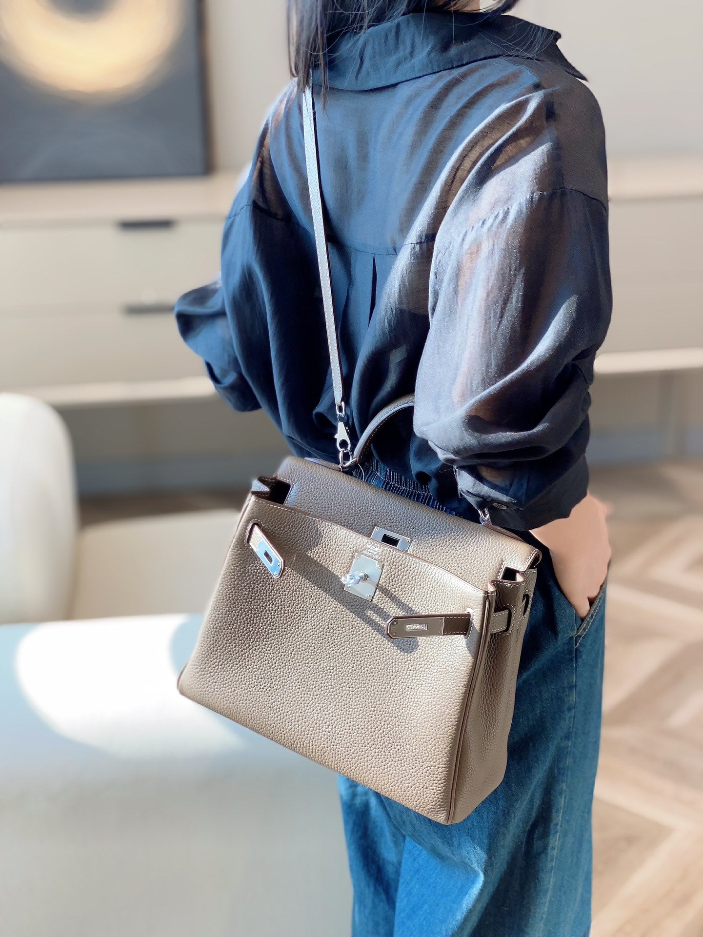 Women's Elegant Grey Leather Shoulder Bag - Kelly Style Satchel Backpack