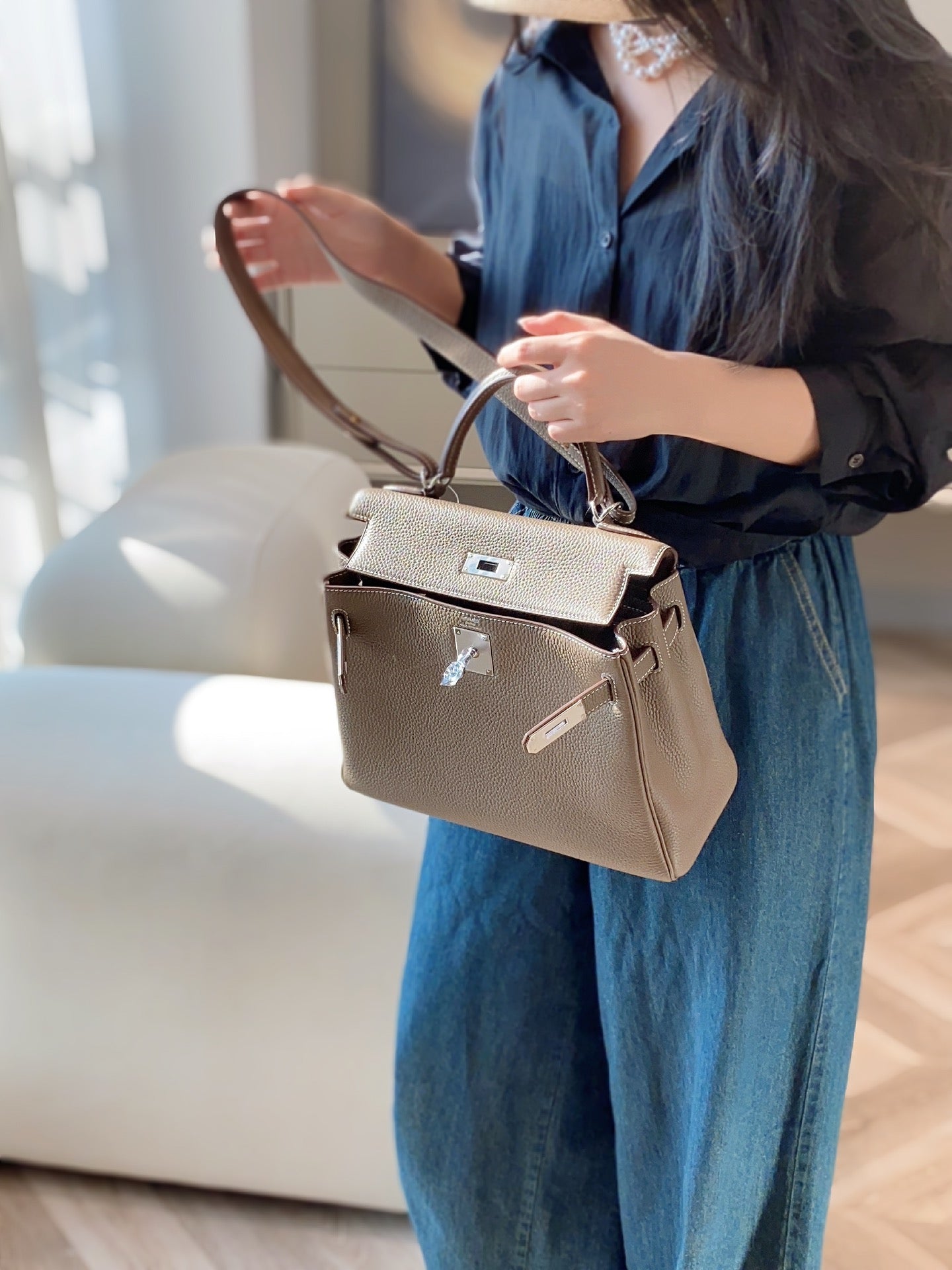 Women's Elegant Grey Leather Shoulder Bag - Kelly Style Satchel Backpack