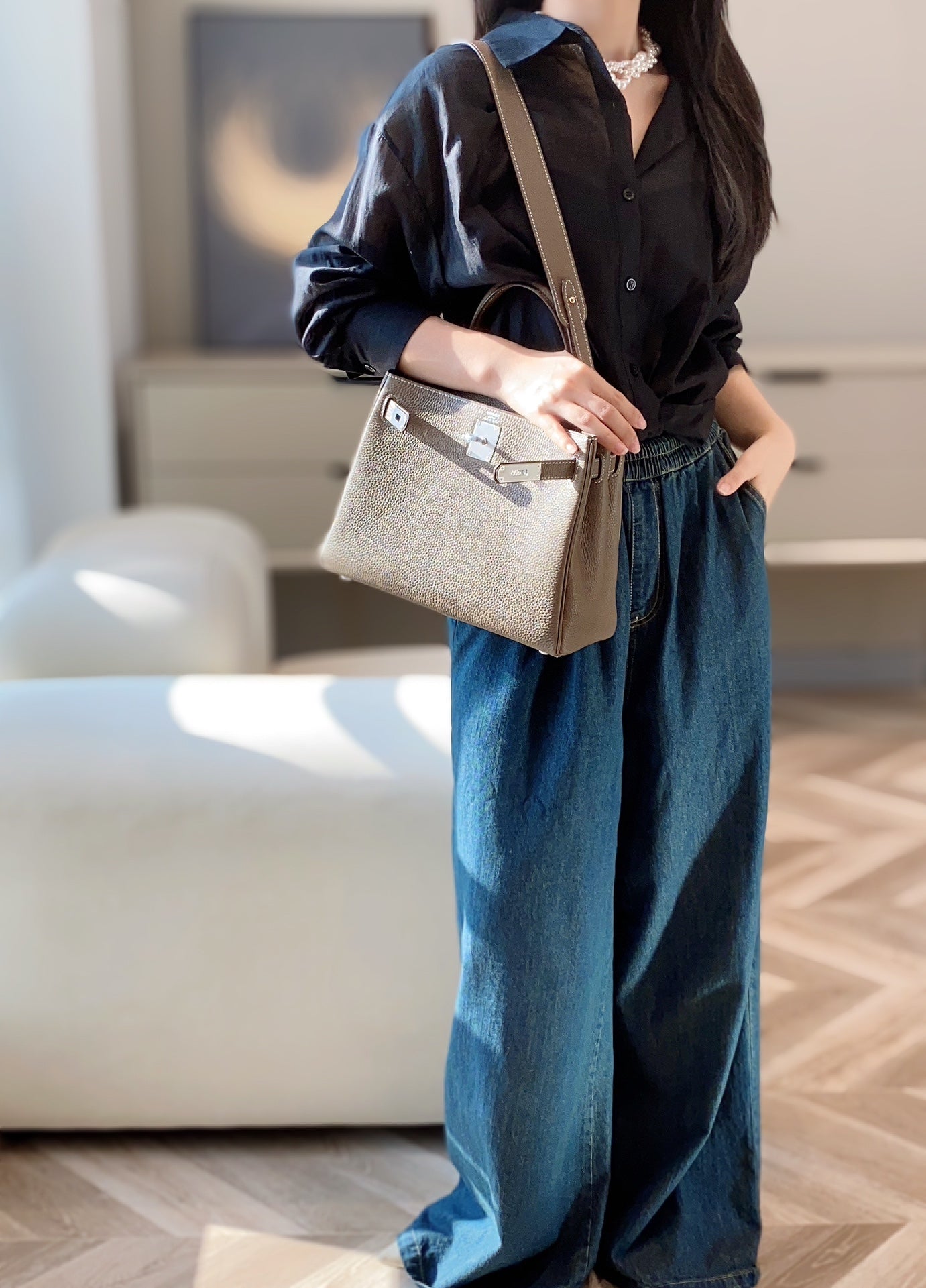 Women's Elegant Grey Leather Shoulder Bag - Kelly Style Satchel Backpack