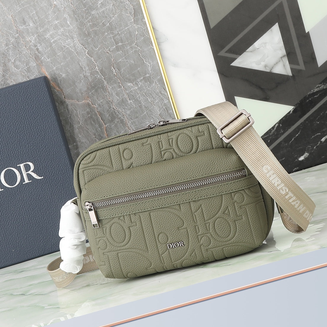 Christian Dior Embossed Leather Crossbody Messenger Bag - Olive Green