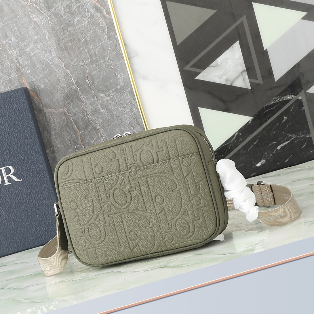 Christian Dior Embossed Leather Crossbody Messenger Bag - Olive Green
