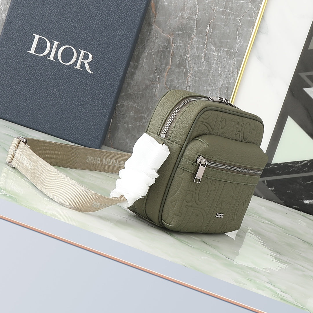 Christian Dior Embossed Leather Crossbody Messenger Bag - Olive Green
