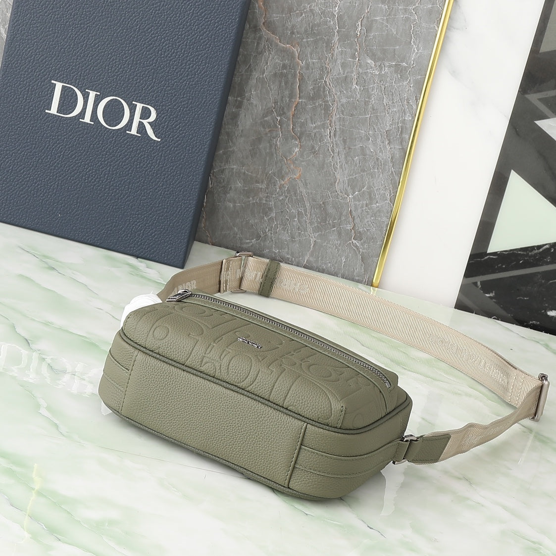 Christian Dior Embossed Leather Crossbody Messenger Bag - Olive Green