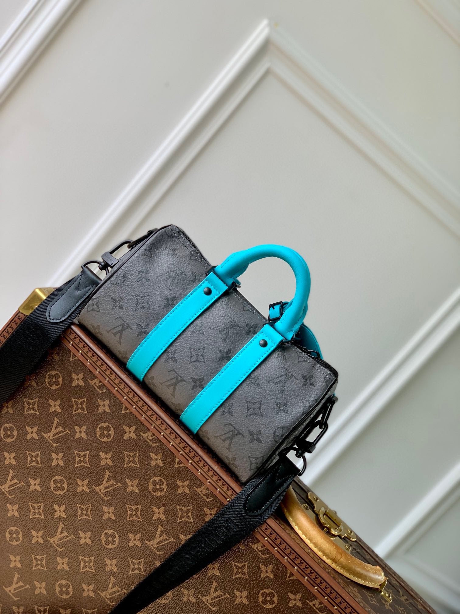 Louis Vuitton Keepall Bandoulière 25 Monogram Eclipse Turquoise Accent Mini Duffle Bag