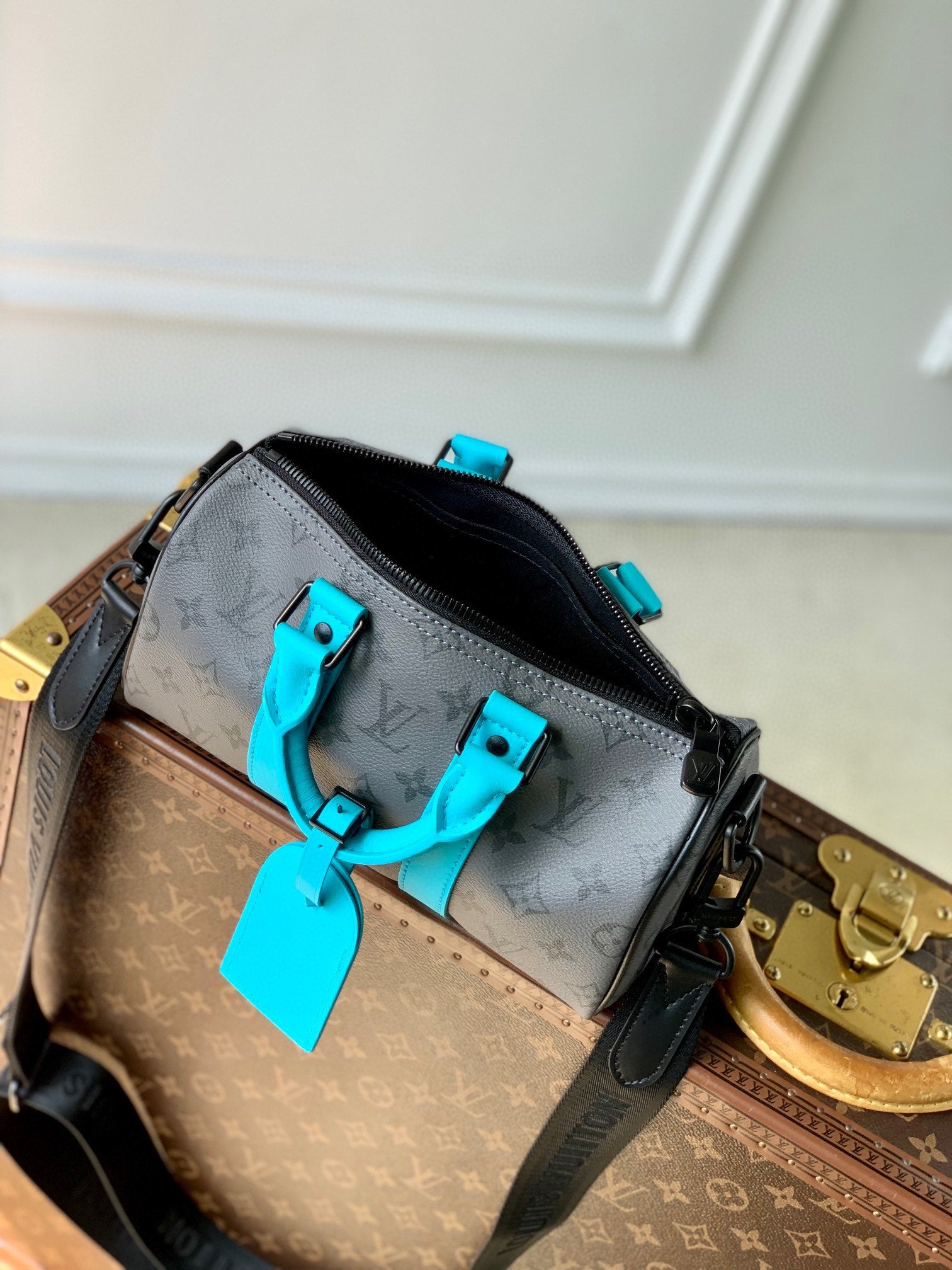 Louis Vuitton Keepall Bandoulière 25 Monogram Eclipse Turquoise Accent Mini Duffle Bag