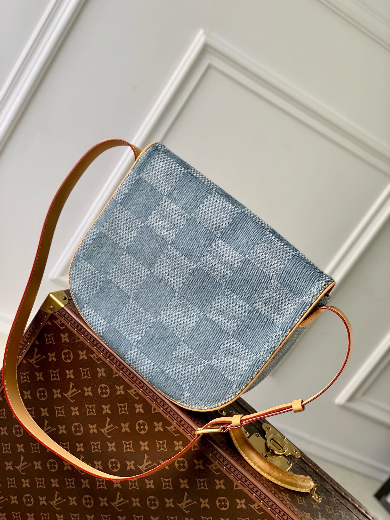Louis Vuitton Damier Denim Blue Crossbody Bag with Tan Leather Strap