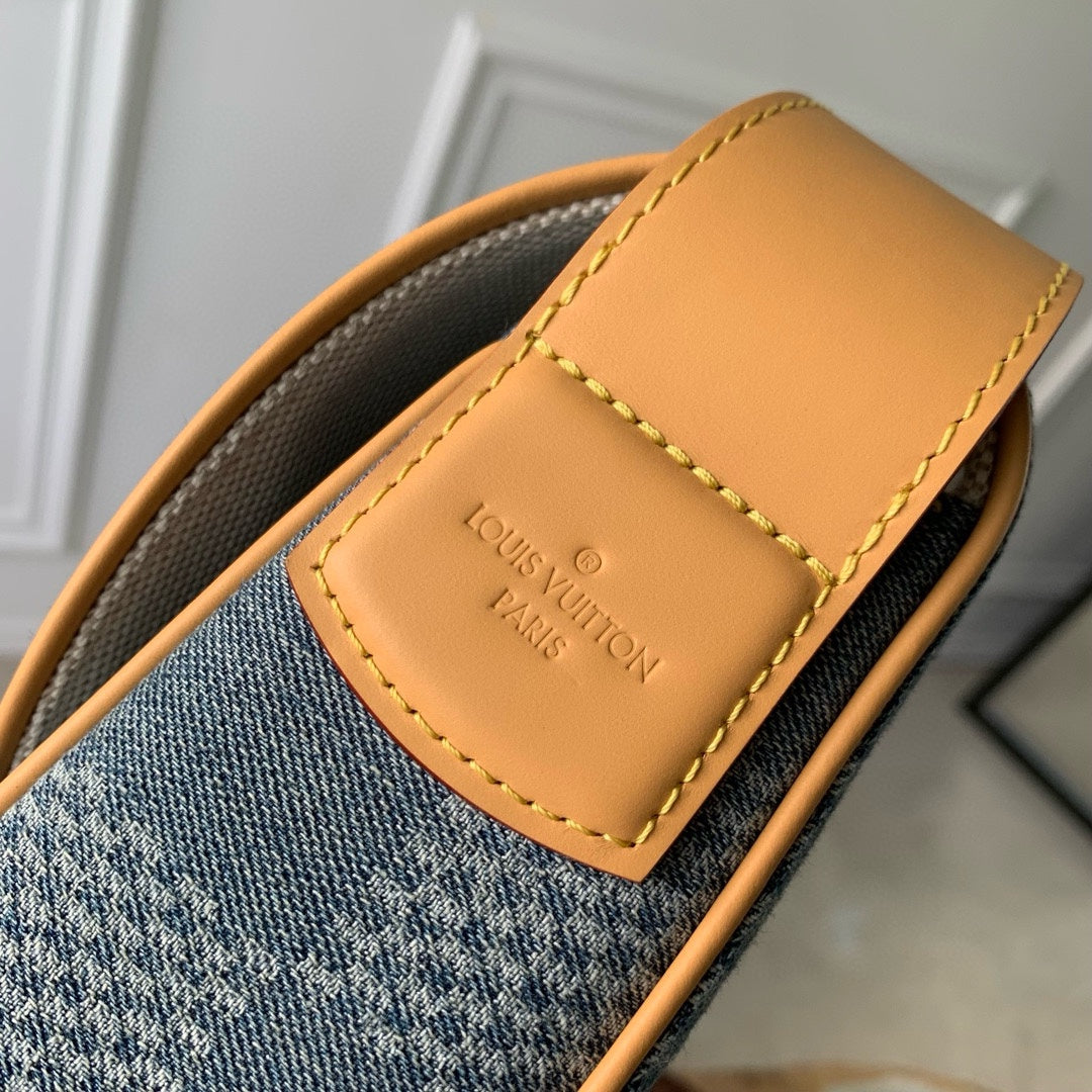 Louis Vuitton Damier Denim Blue Crossbody Bag with Tan Leather Strap